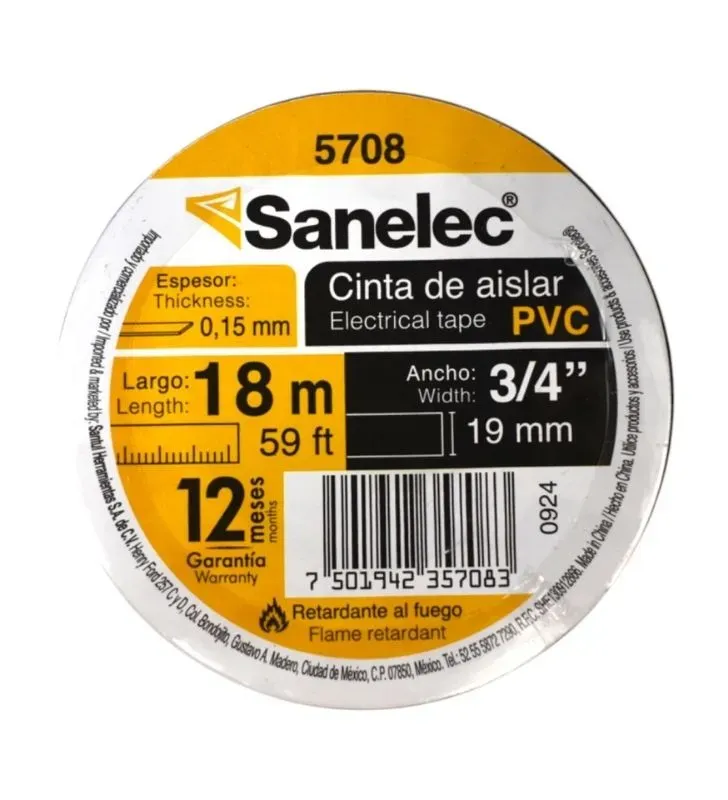 Cinta de Aislar Negra Sanelec 5708 – 19 mm x 18 m