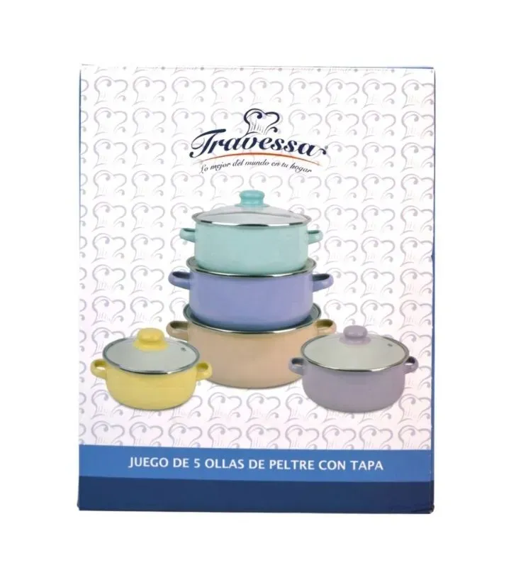 Set de 5 Ollas de Peltre Pastel – Colores Suaves | Travessa
