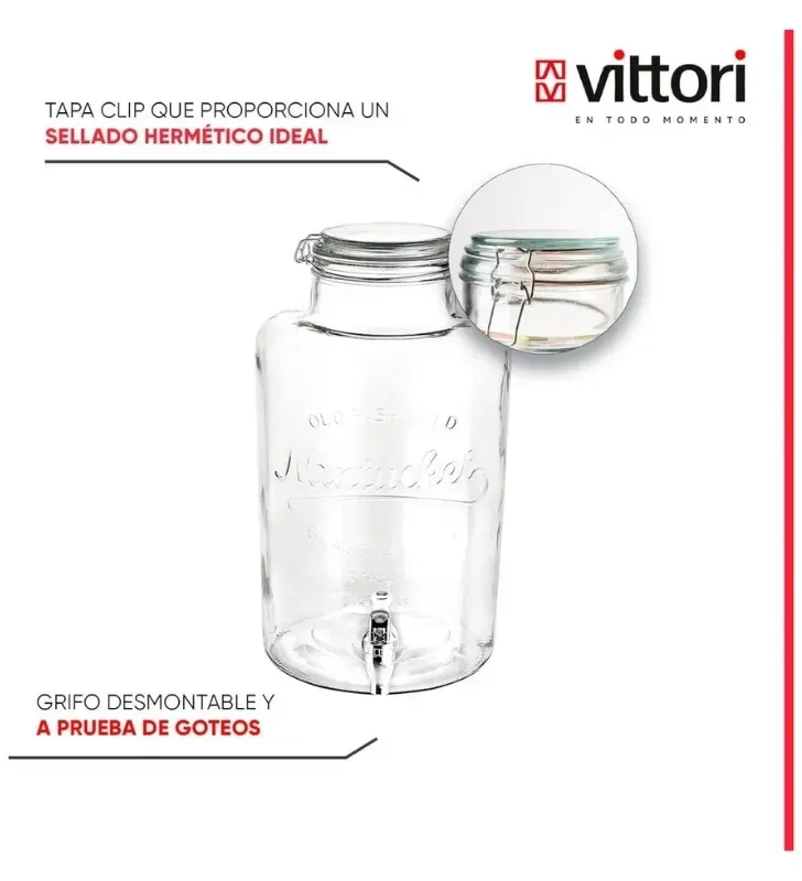 Dispensador Vittori 2811 – Vitrolero vidrio con tapa 8 L