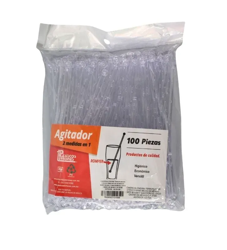 Agitador Bolsa c/100 Pzas. Plásticos Terrones – Mezcla de Bebidas Frías